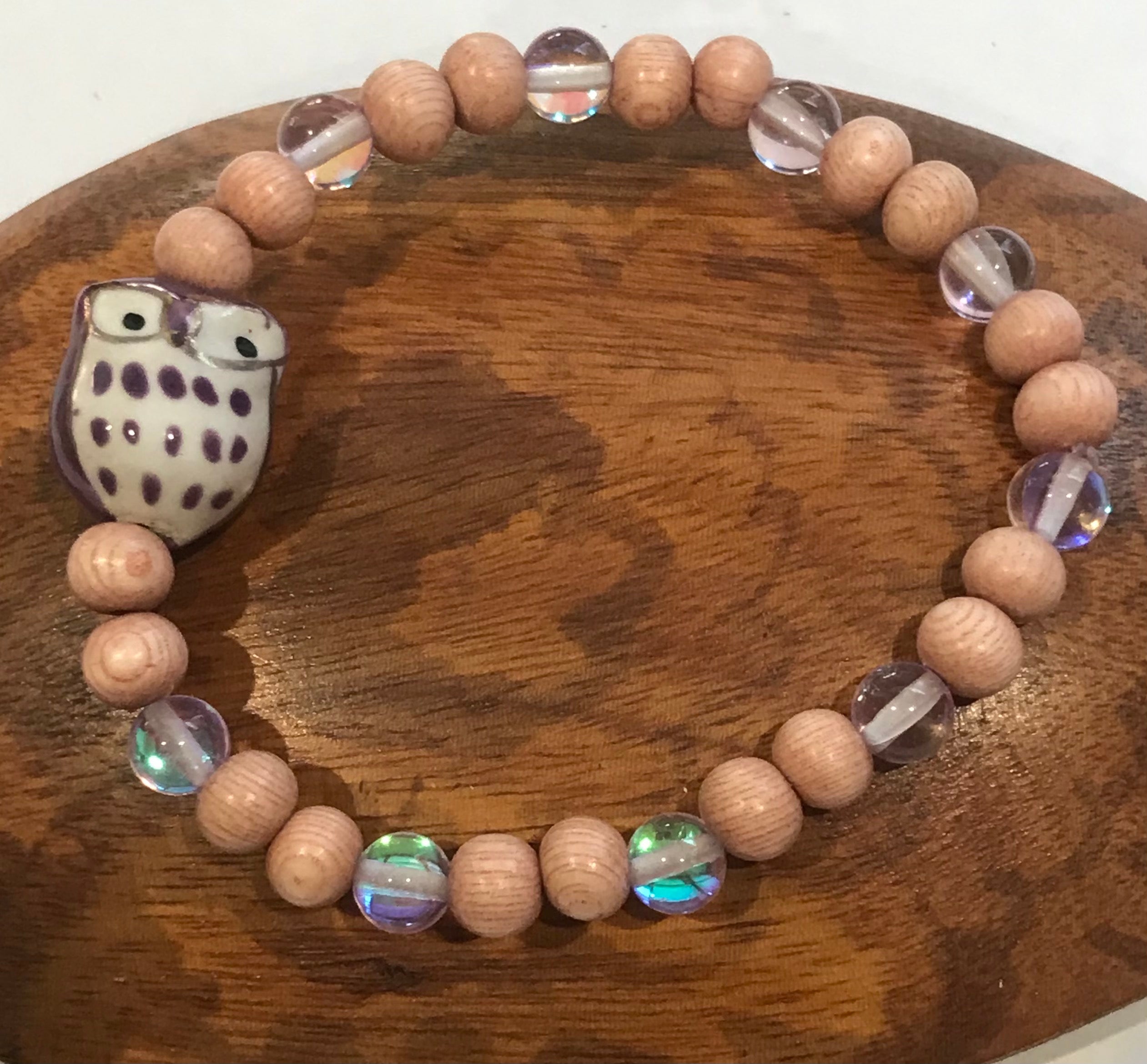 Purple Ceramic Owl with Light Purple Mystic Aura Quartz and Wood Bracelet