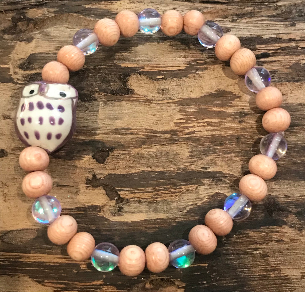 Purple Ceramic Owl with Light Purple Mystic Aura Quartz and Wood Bracelet