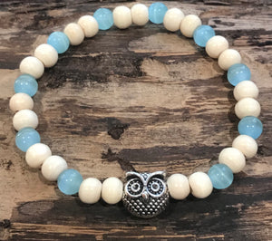 Silver Owl With Aquamarine Cats Eye and Wood Bracelet, For A  Cause