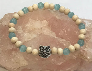 Silver Owl With Aquamarine Cats Eye and Wood Bracelet, For A  Cause