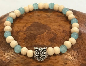 Silver Owl With Aquamarine Cats Eye and Wood Bracelet, For A  Cause