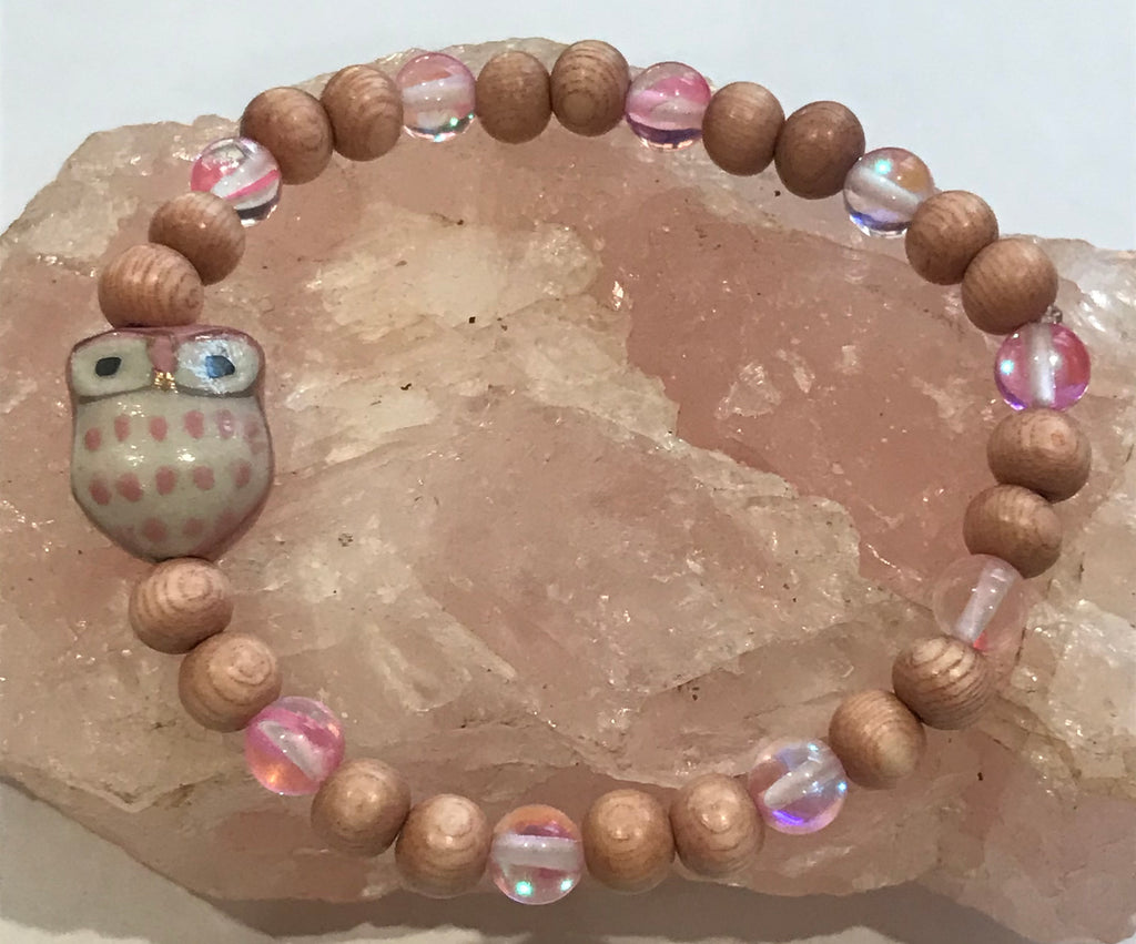 Pink Ceramic Owl with Pink Mystic Aura Quartz and Wood Bracelet