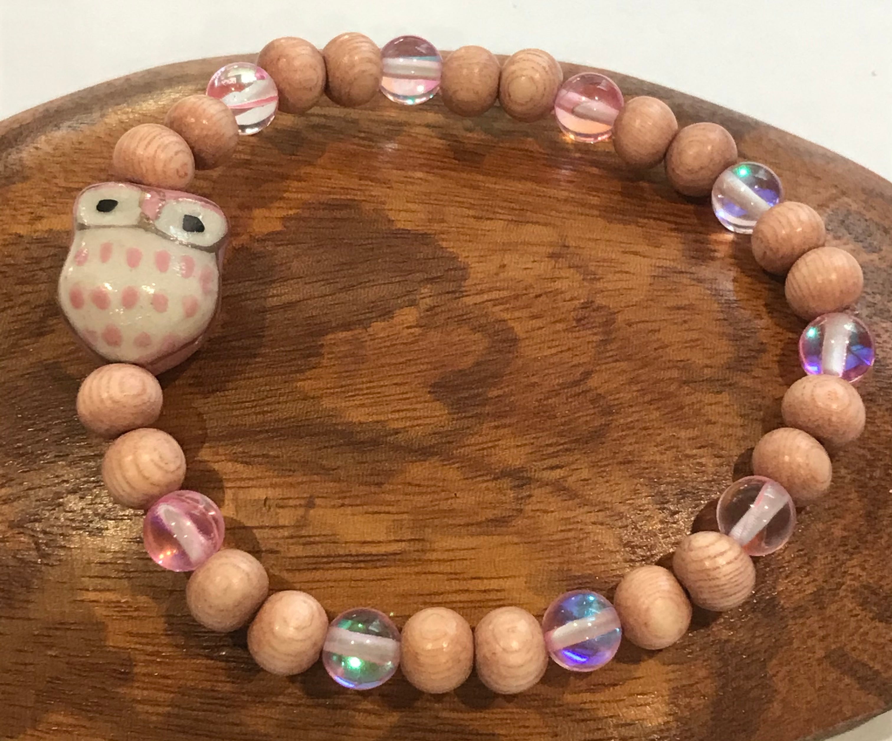 Pink Ceramic Owl with Pink Mystic Aura Quartz and Wood Bracelet