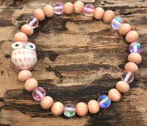 Pink Ceramic Owl with Pink Mystic Aura Quartz and Wood Bracelet