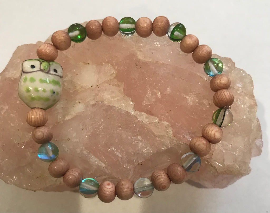 Light Green Ceramic Owl with Green Mystic Aura Quartz and Wood Bracelet