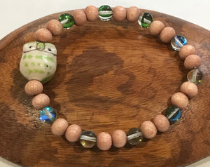 Light Green Ceramic Owl with Green Mystic Aura Quartz and Wood Bracelet