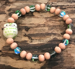 Light Green Ceramic Owl with Green Mystic Aura Quartz and Wood Bracelet