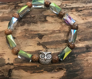 Silver Owl with Dark Iridescent Beads and Wood Bracelet