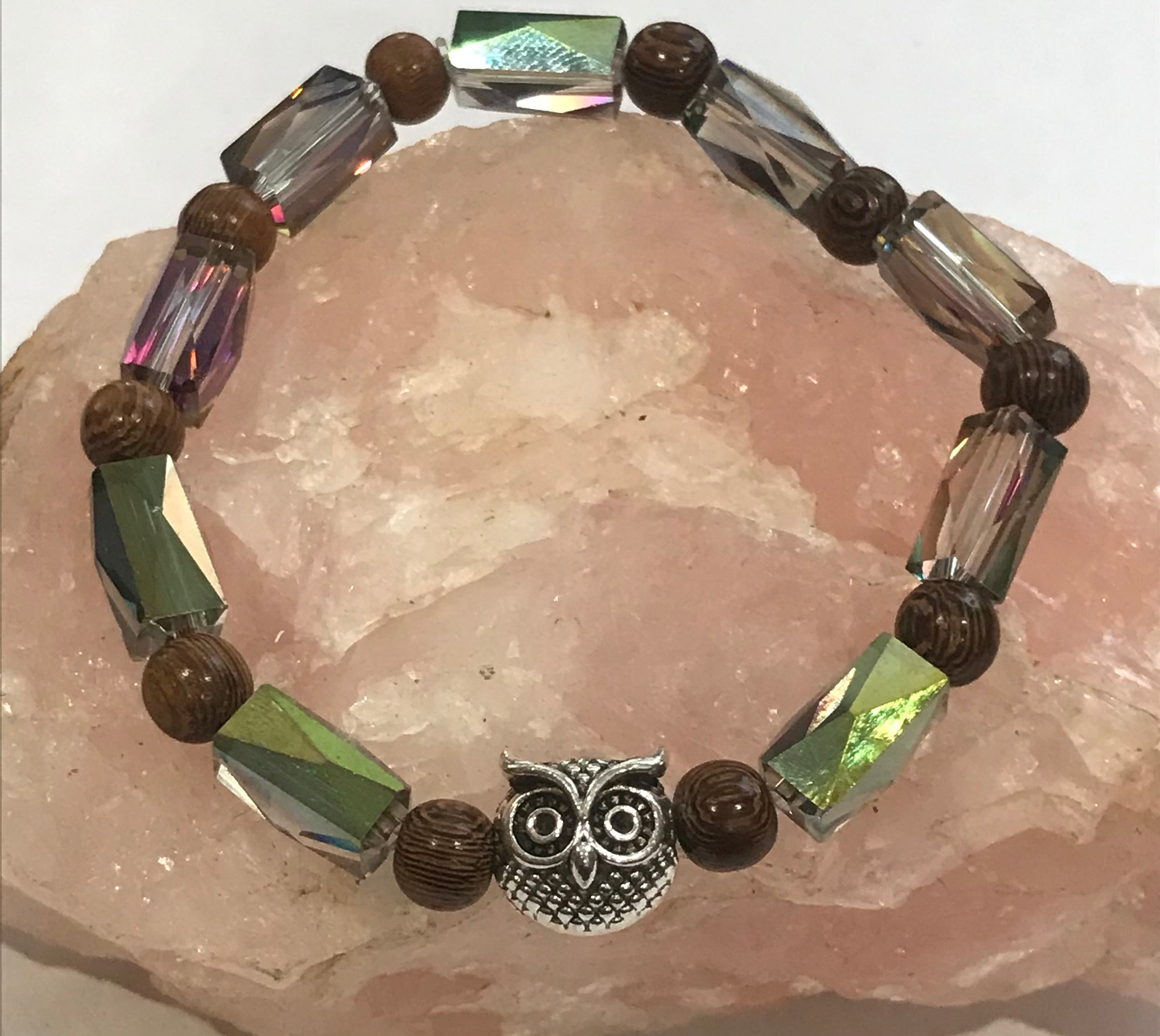 Silver Owl with Dark Iridescent Beads and Wood Bracelet