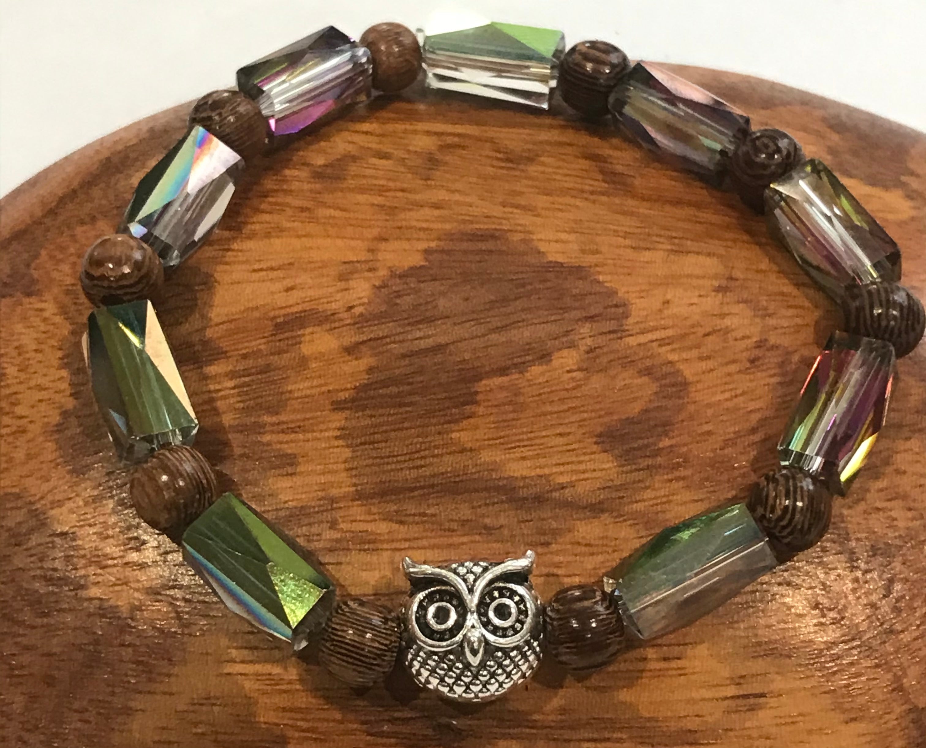 Silver Owl with Dark Iridescent Beads and Wood Bracelet