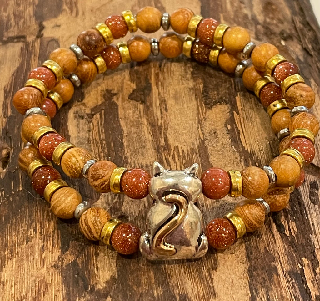 Silver and Gold Cat with Goldstone, Hematite and Wood Bracelet, Duet