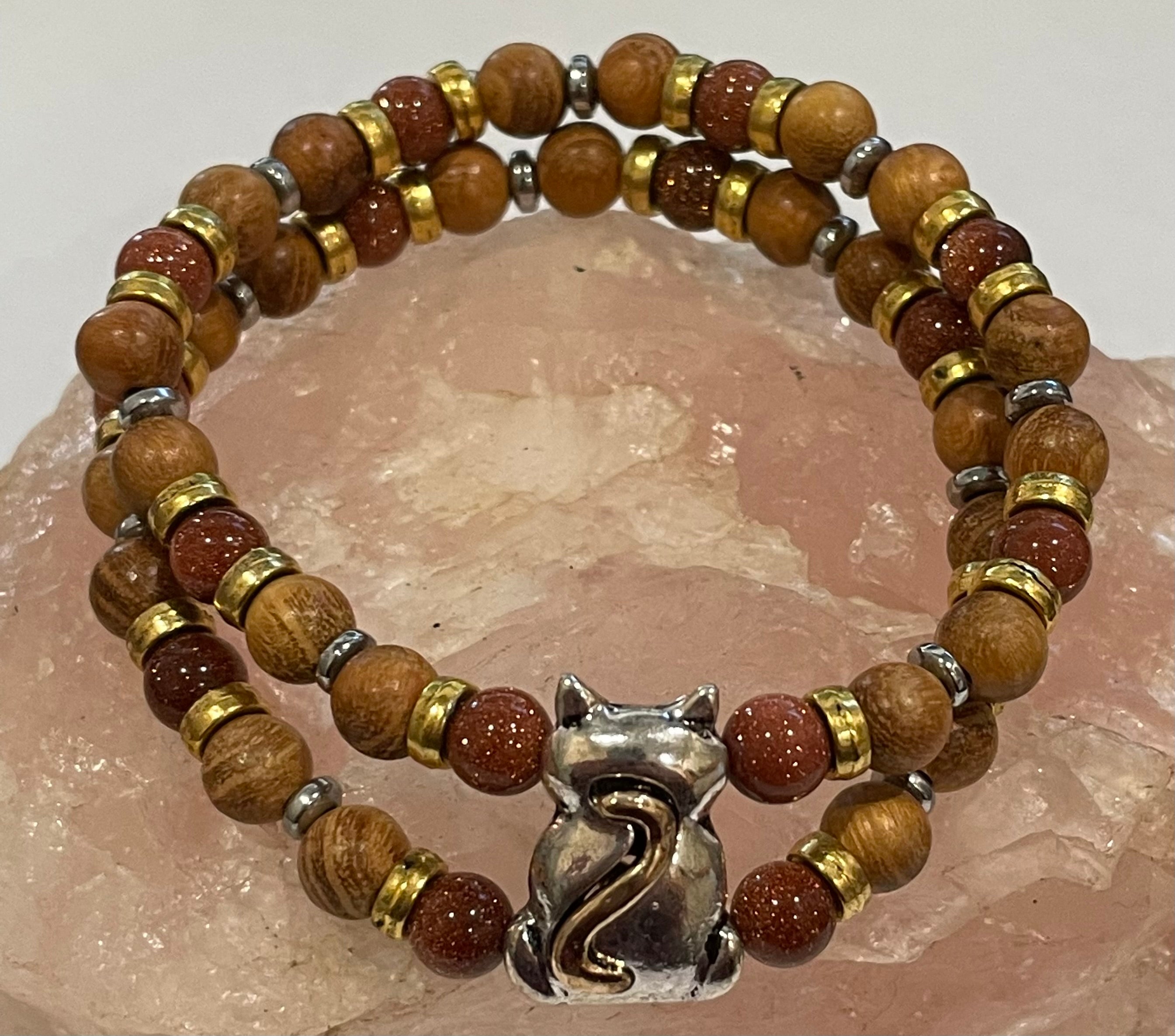 Silver and Gold Cat with Goldstone, Hematite and Wood Bracelet, Duet