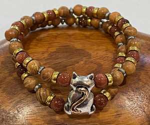 Silver and Gold Cat with Goldstone, Hematite and Wood Bracelet, Duet