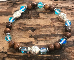 Fish with Dark Aqua Blue Mystic Aura Quartz, Hematite and Wood Bracelet