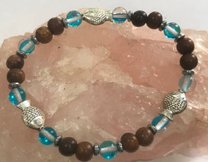 Fish with Dark Aqua Blue Mystic Aura Quartz, Hematite and Wood Bracelet