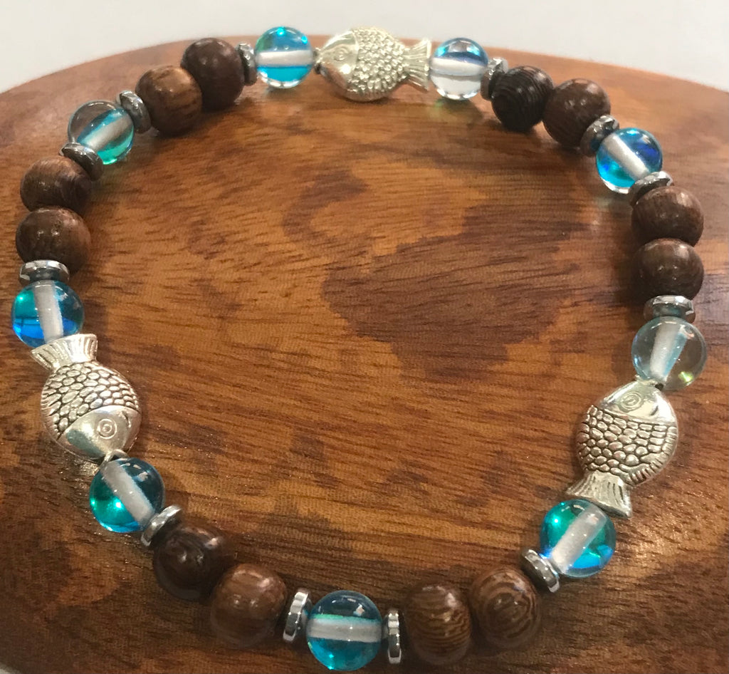 Fish with Dark Aqua Blue Mystic Aura Quartz, Hematite and Wood Bracelet