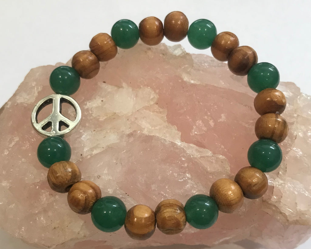 Peace Sign with Green Agate and Wood Bracelet