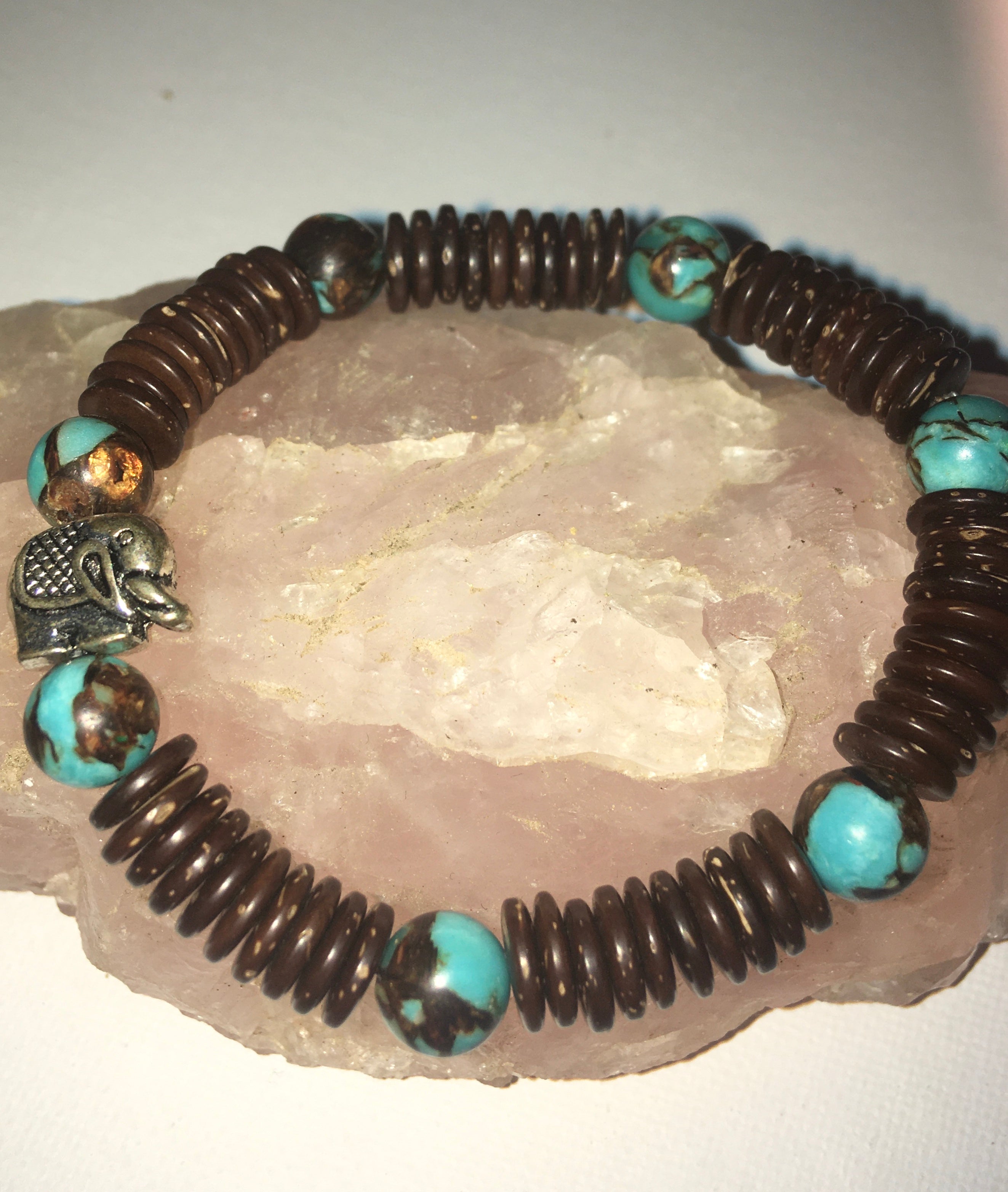 Silver Elephant With Blue and Coconut Beads Bracelet