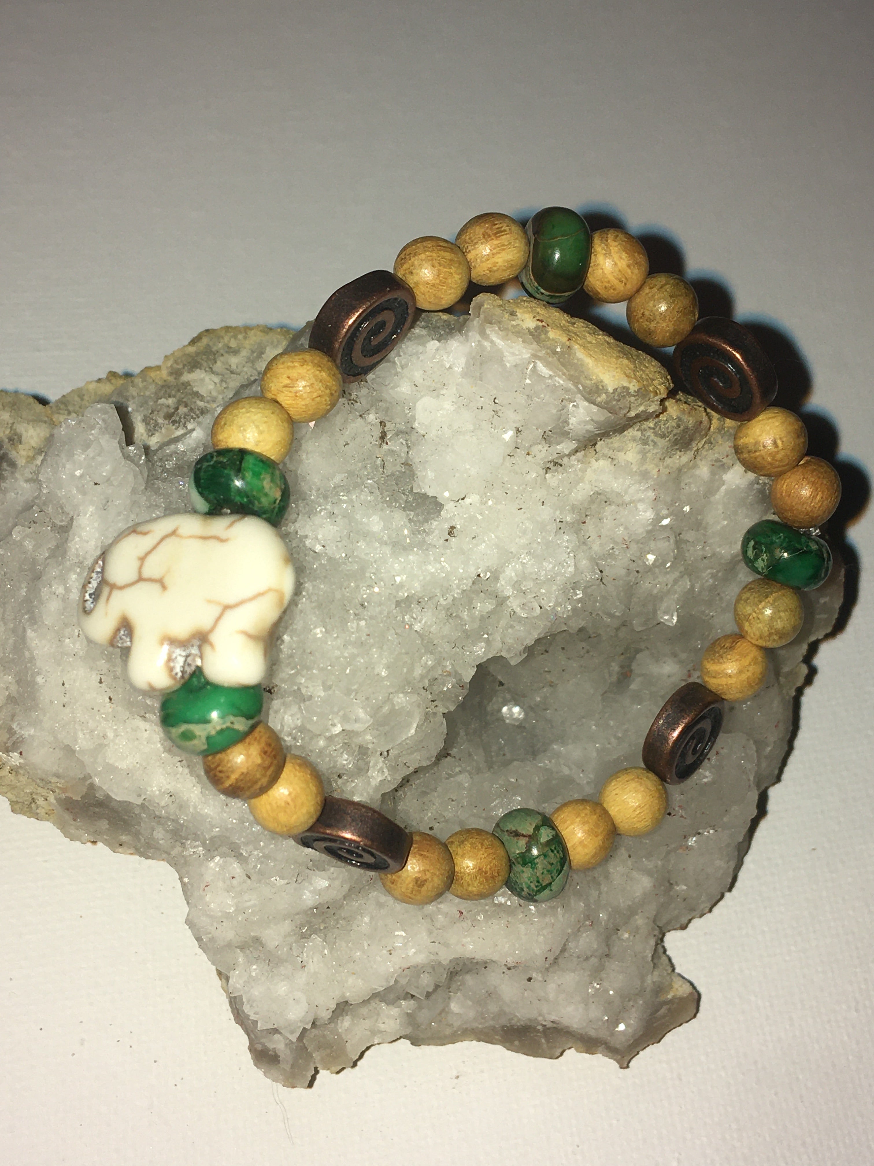 Howlite Elephant With Green Imperial Jasper, Copper and Wood Beads Bracelet