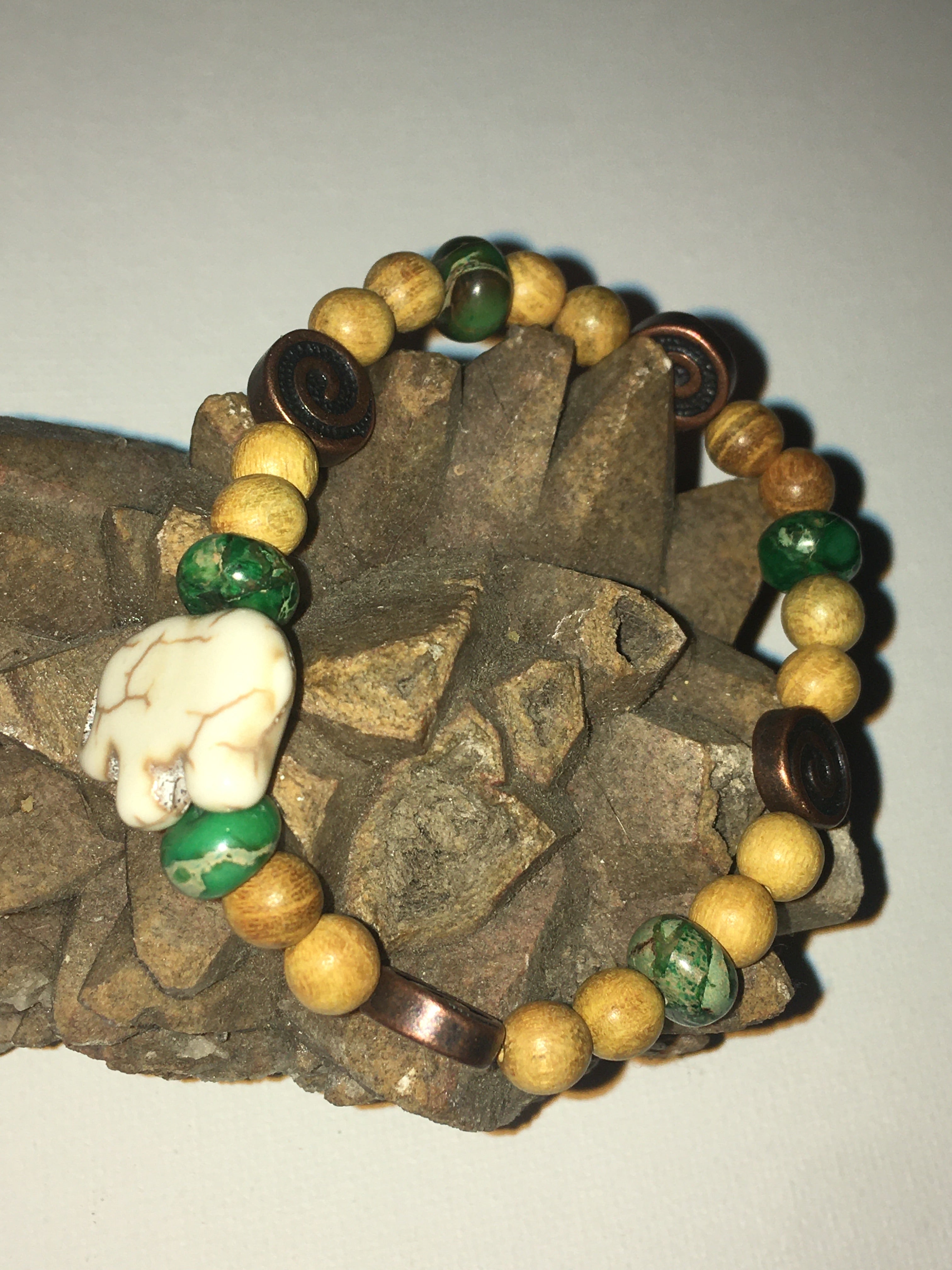 Howlite Elephant With Green Imperial Jasper, Copper and Wood Beads Bracelet