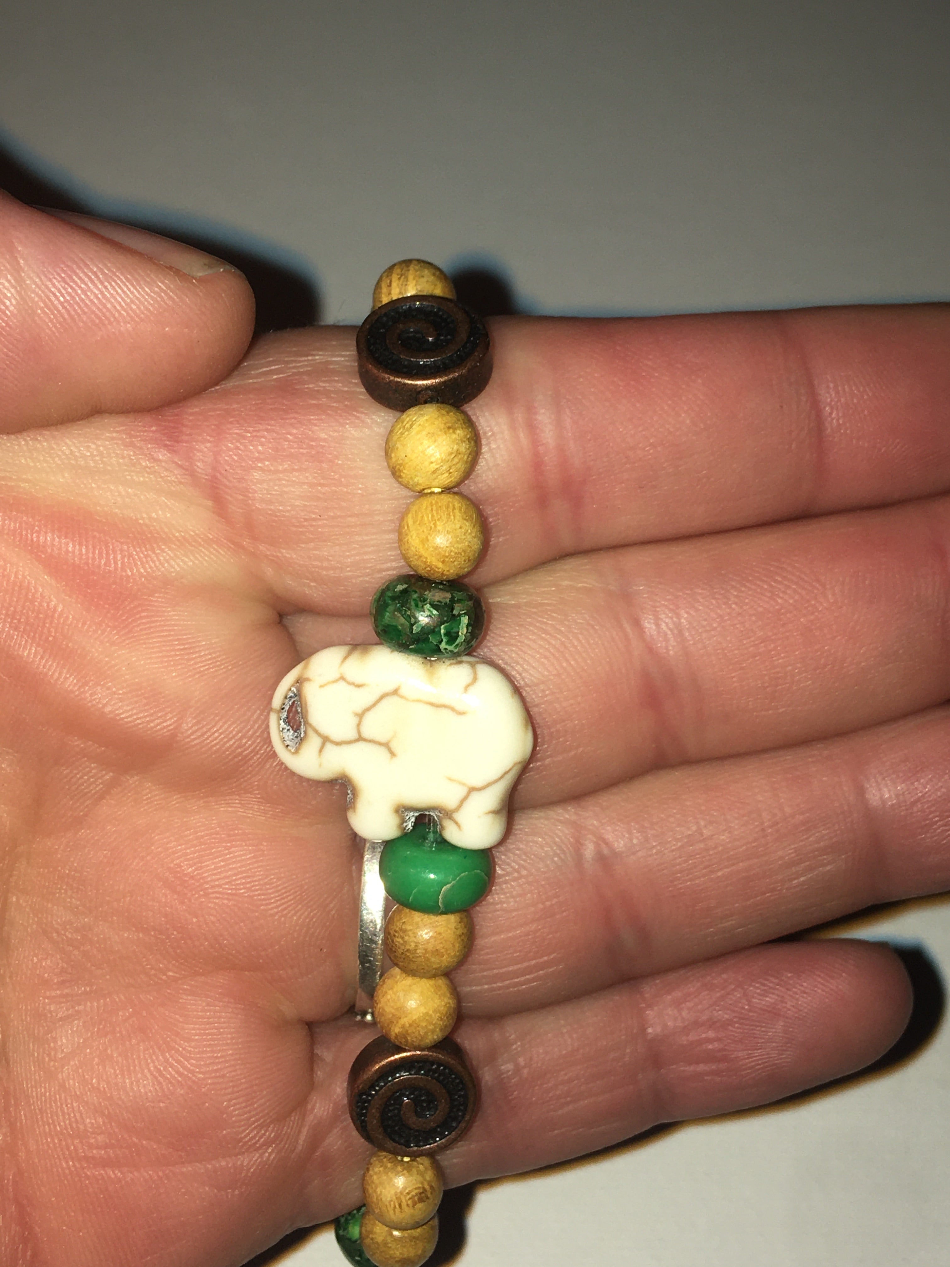 Howlite Elephant With Green Imperial Jasper, Copper and Wood Beads Bracelet