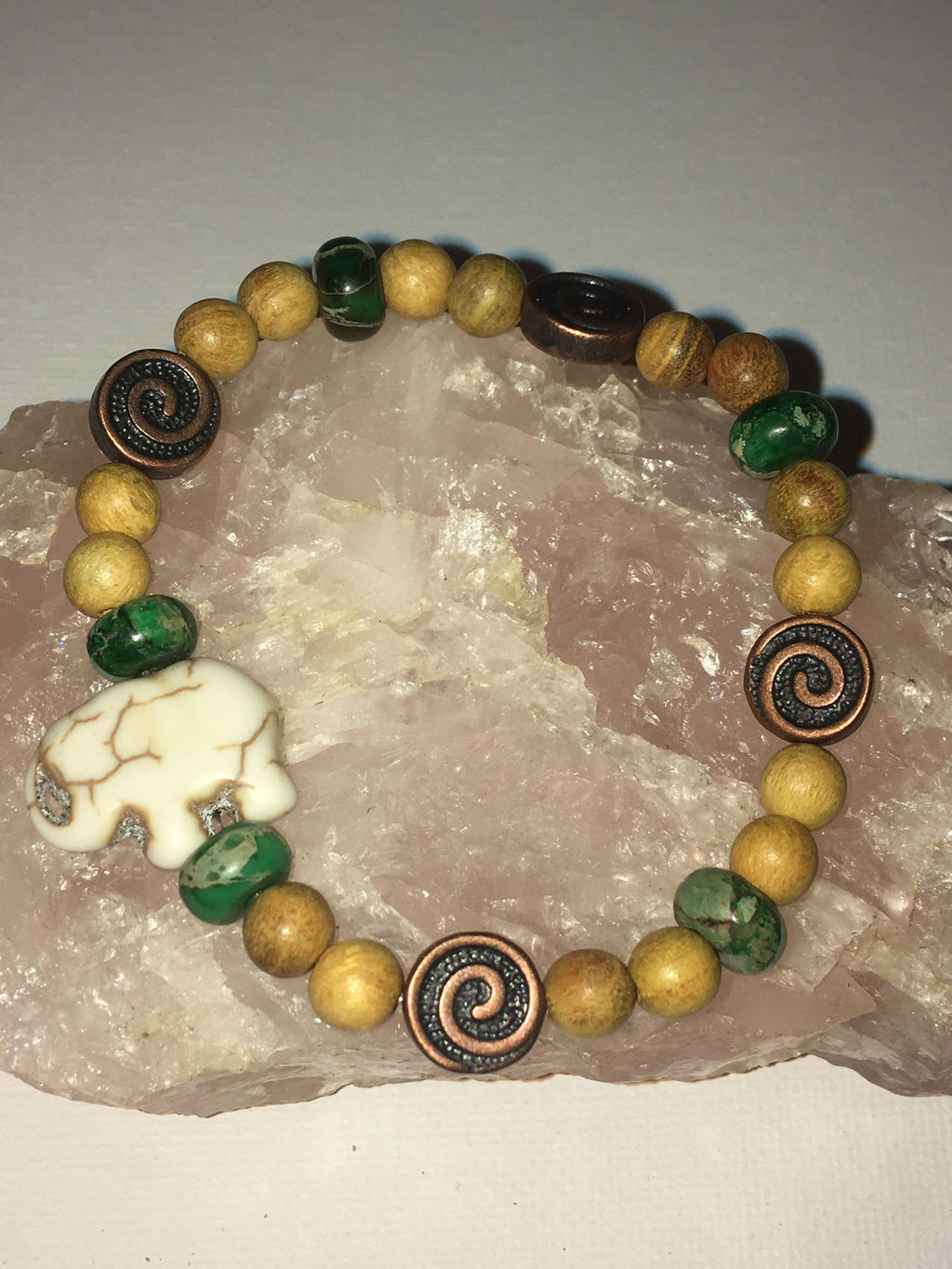 Howlite Elephant With Green Imperial Jasper, Copper and Wood Beads Bracelet
