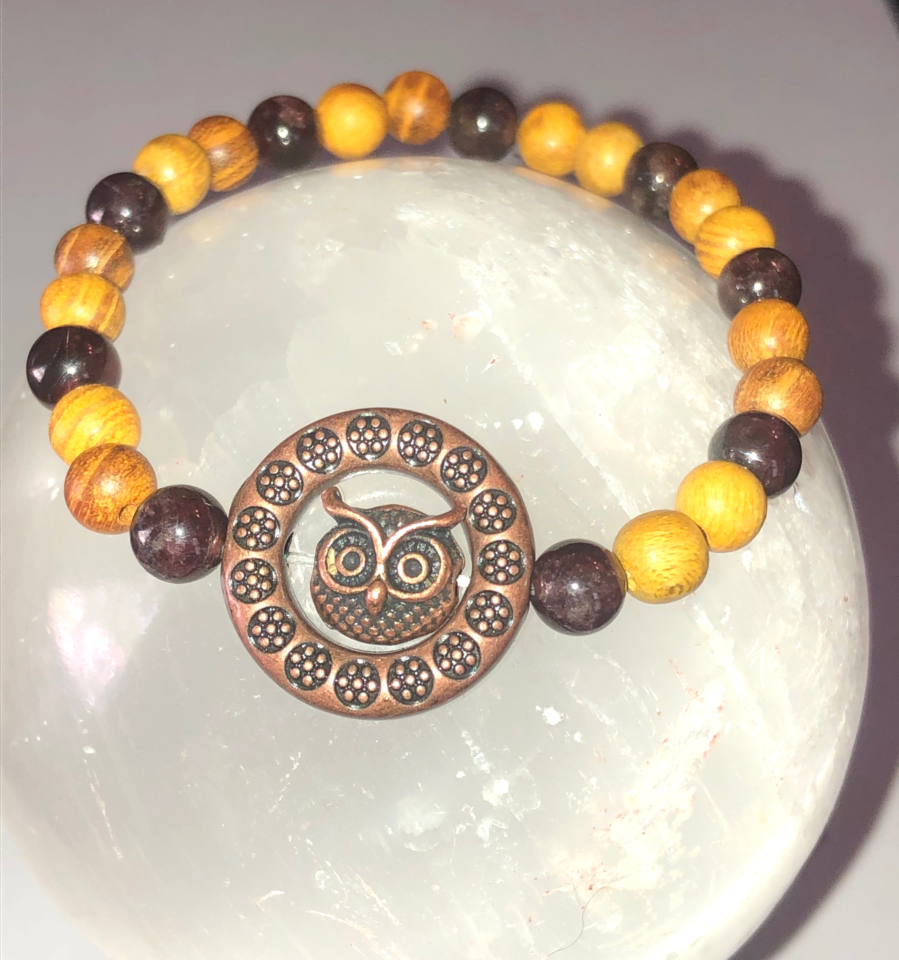 Copper Owl with Garnet and Wood Bracelet