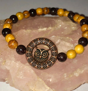 Copper Owl with Garnet and Wood Bracelet