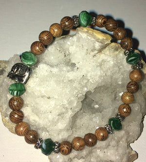 Silver Elephant With Green and Wood Beads Bracelet