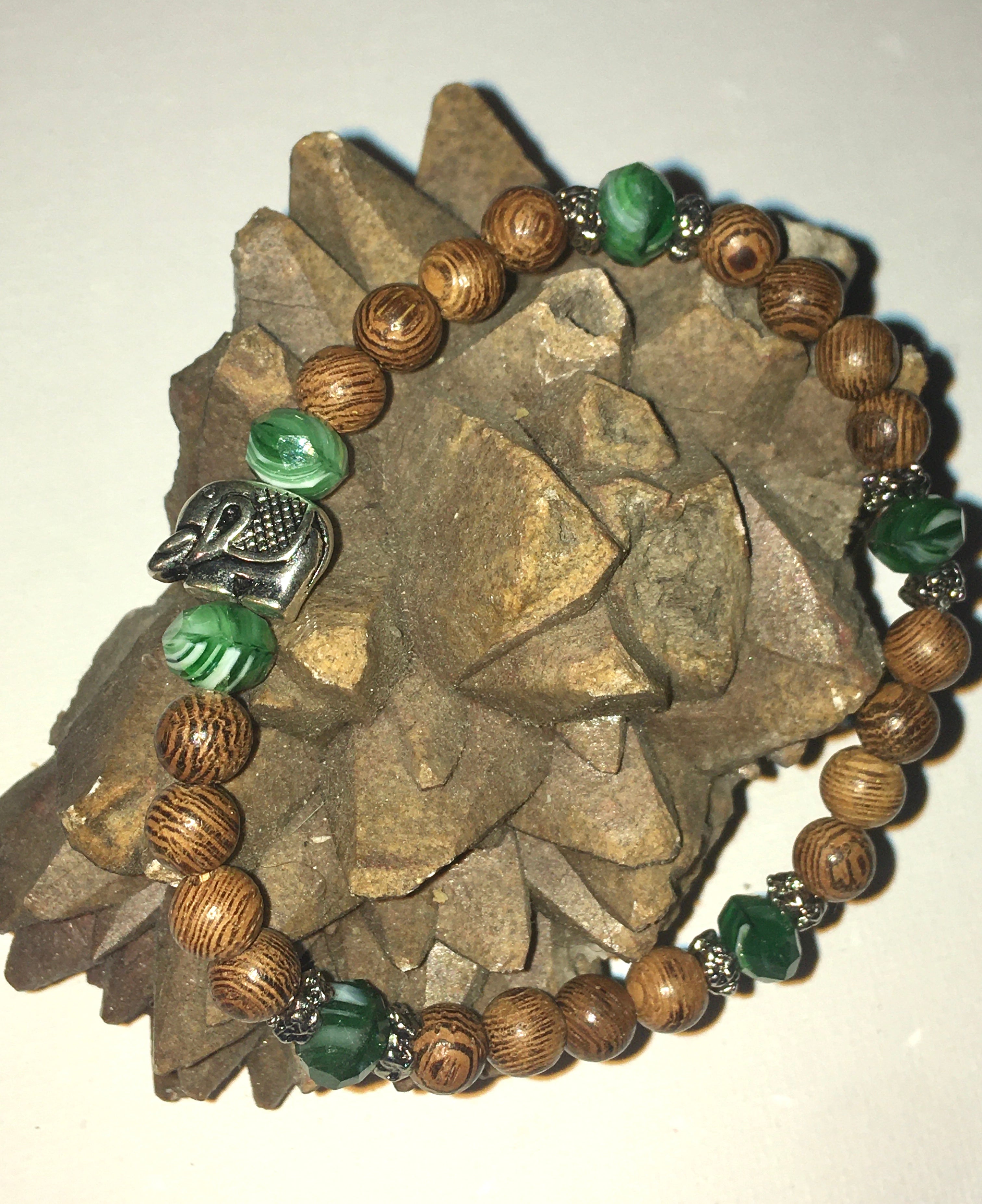 Silver Elephant With Green and Wood Beads Bracelet