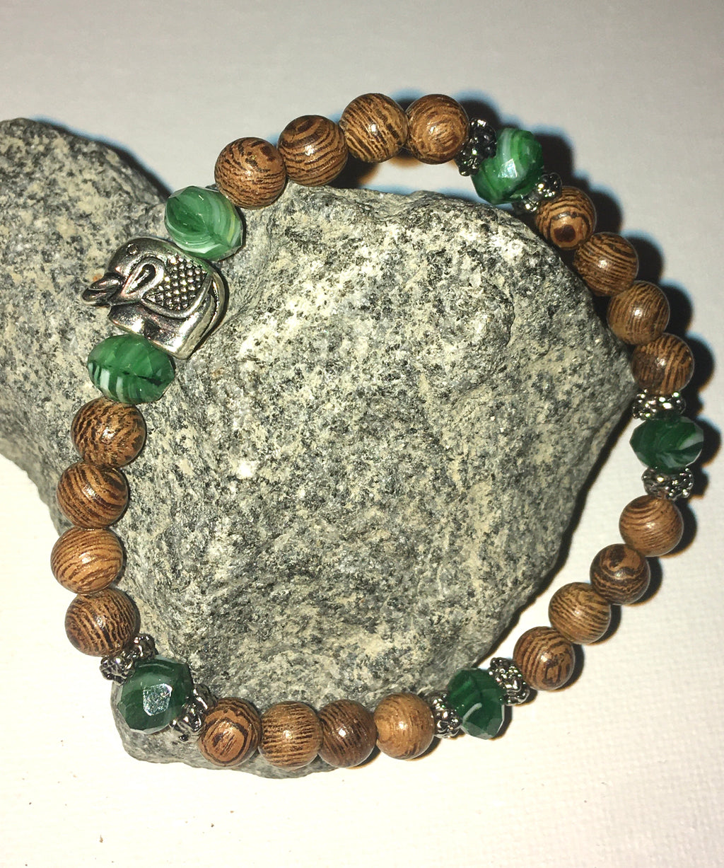 Silver Elephant With Green and Wood Beads Bracelet