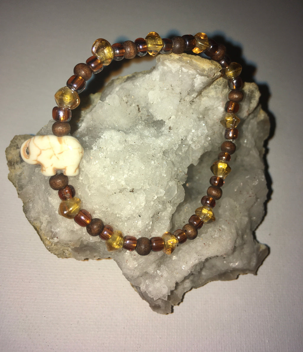 Small Elephant Bracelet With Yellow, Amber and Wood Beads Bracelet