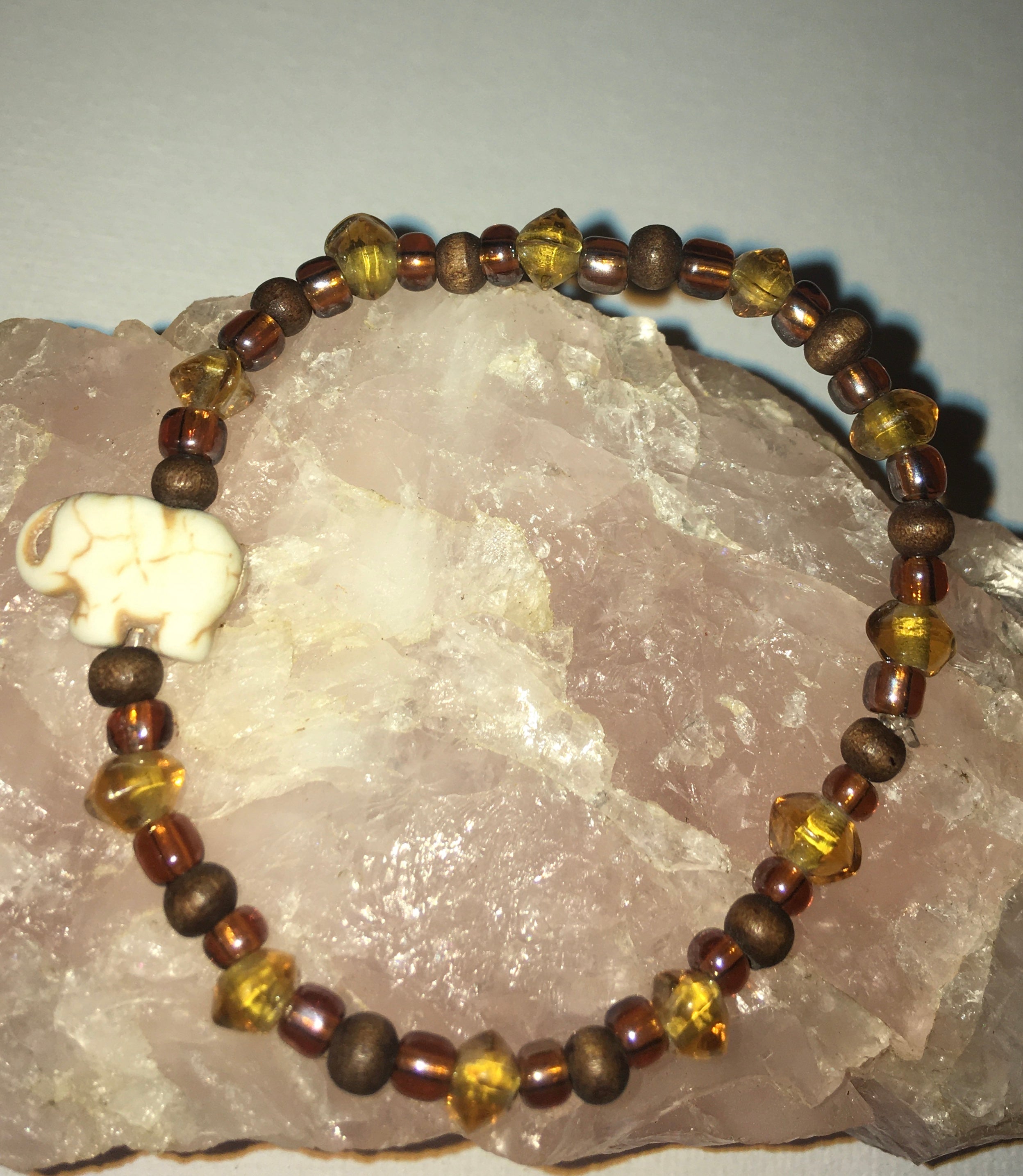 Small Elephant Bracelet With Yellow, Amber and Wood Beads Bracelet