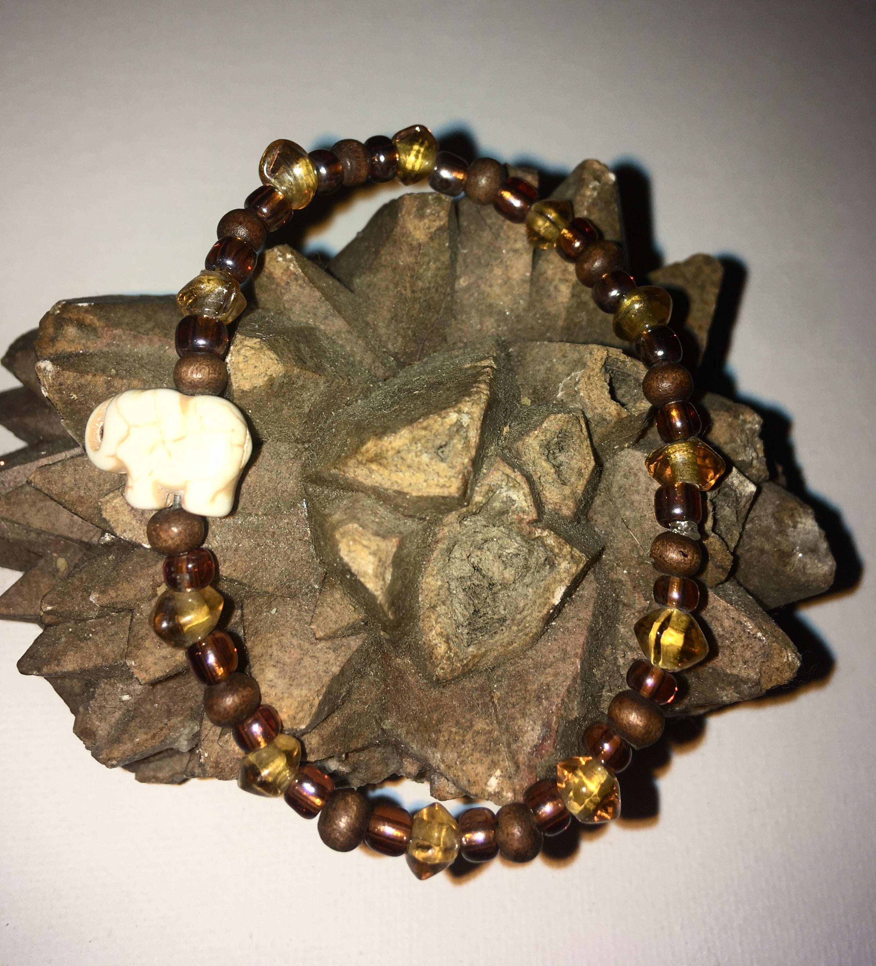 Small Elephant Bracelet With Yellow, Amber and Wood Beads Bracelet