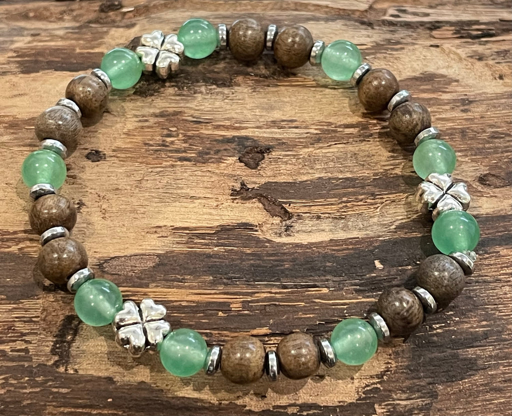 Four Leaf Clover with Aventurine, Hematite and Wood Bracelet