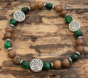 Celtic Knot with Green Tiger Eye, Hematite and Wood Bracelet