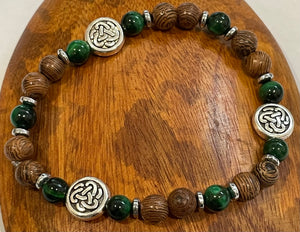 Celtic Knot with Green Tiger Eye, Hematite and Wood Bracelet