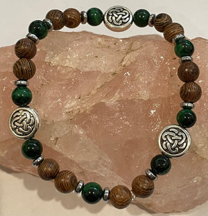 Celtic Knot with Green Tiger Eye, Hematite and Wood Bracelet