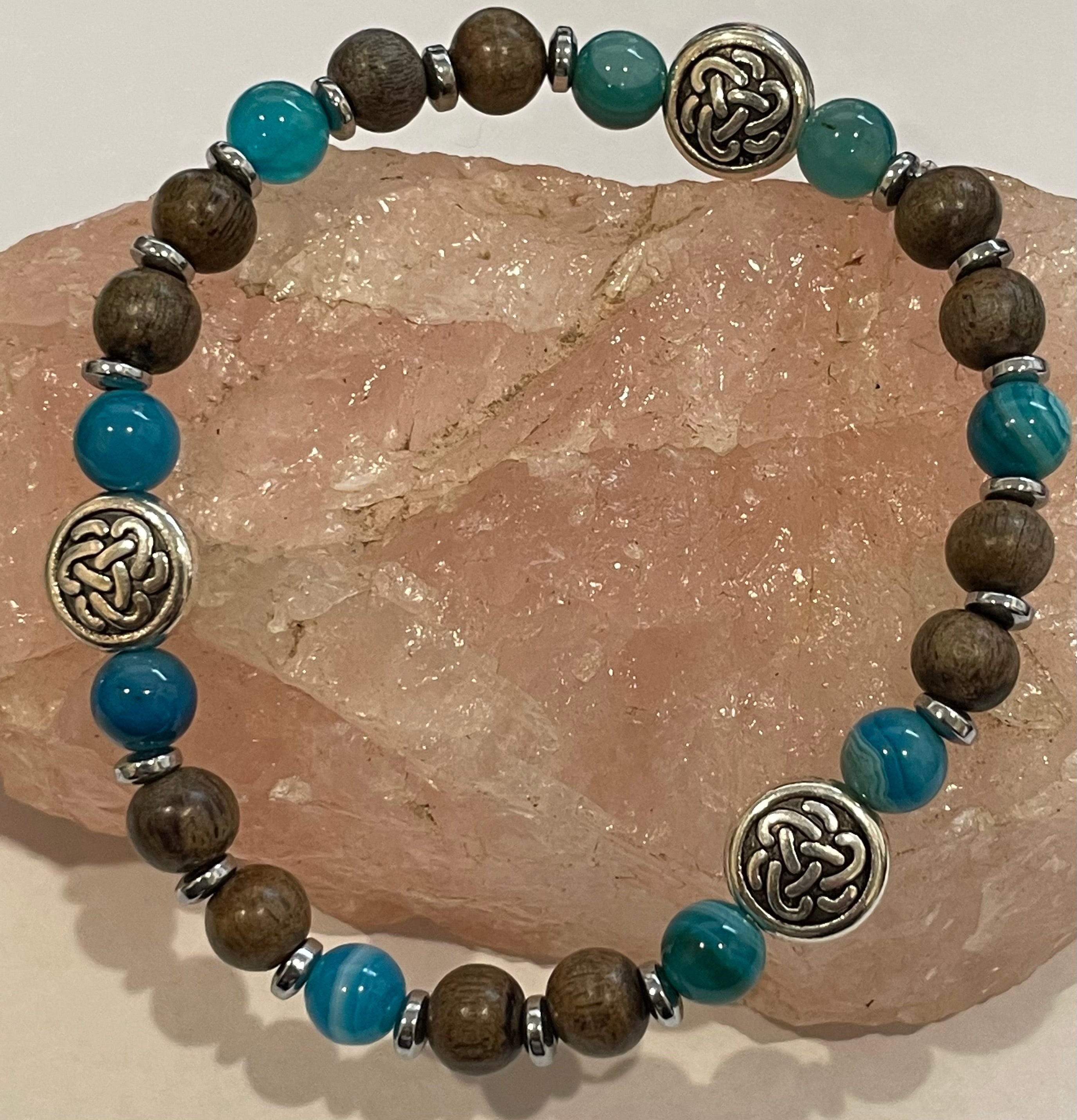 Celtic Knot with Blue Agate, Hematite and Wood Bracelet