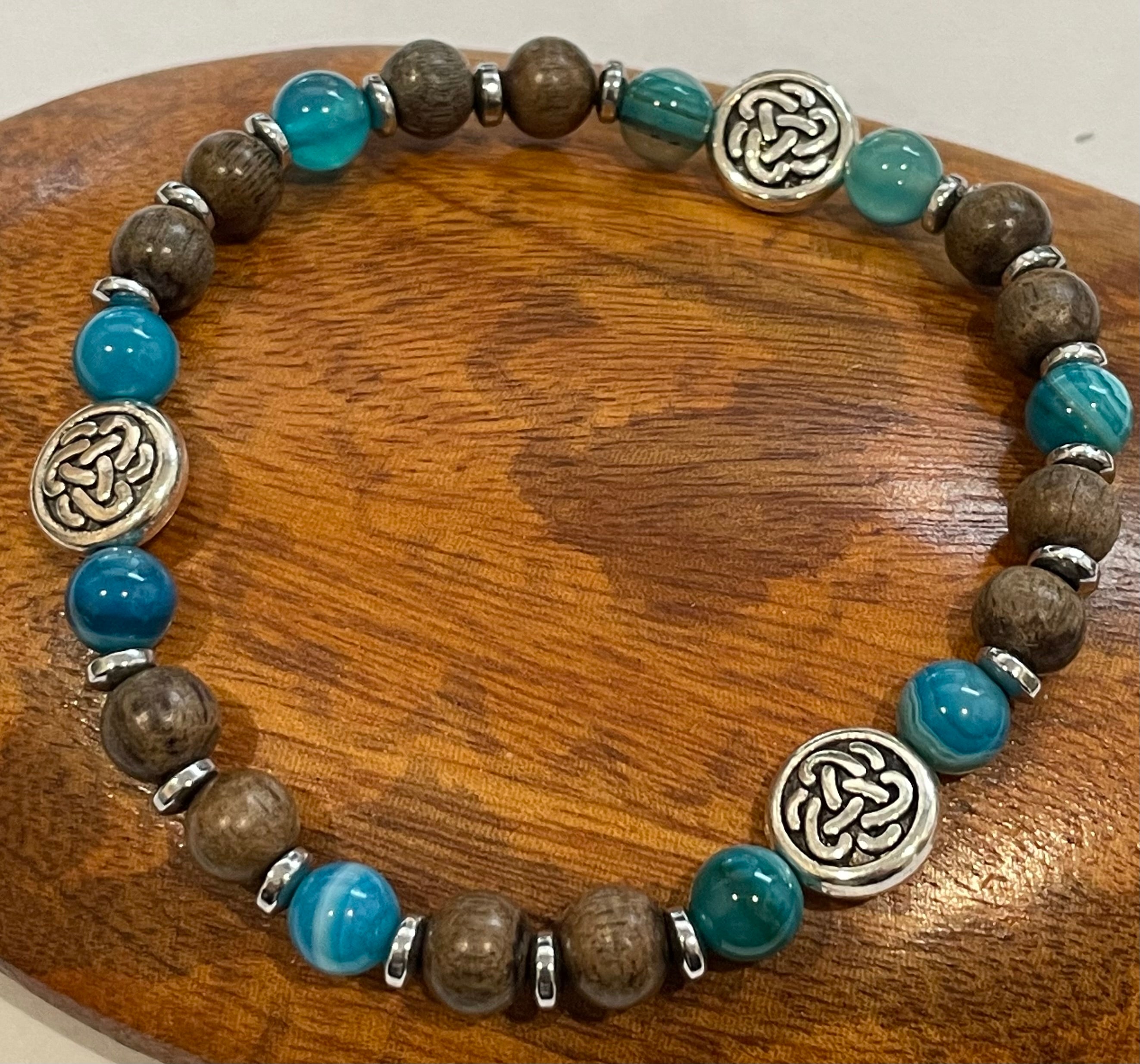 Celtic Knot with Blue Agate, Hematite and Wood Bracelet