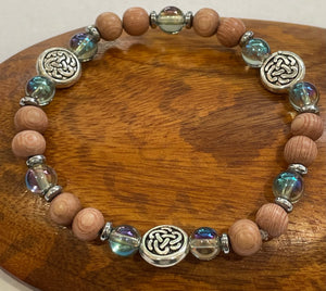 Celtic Knot with Green Rainbow Crystal Quartz, Hematite and Wood Bracelet