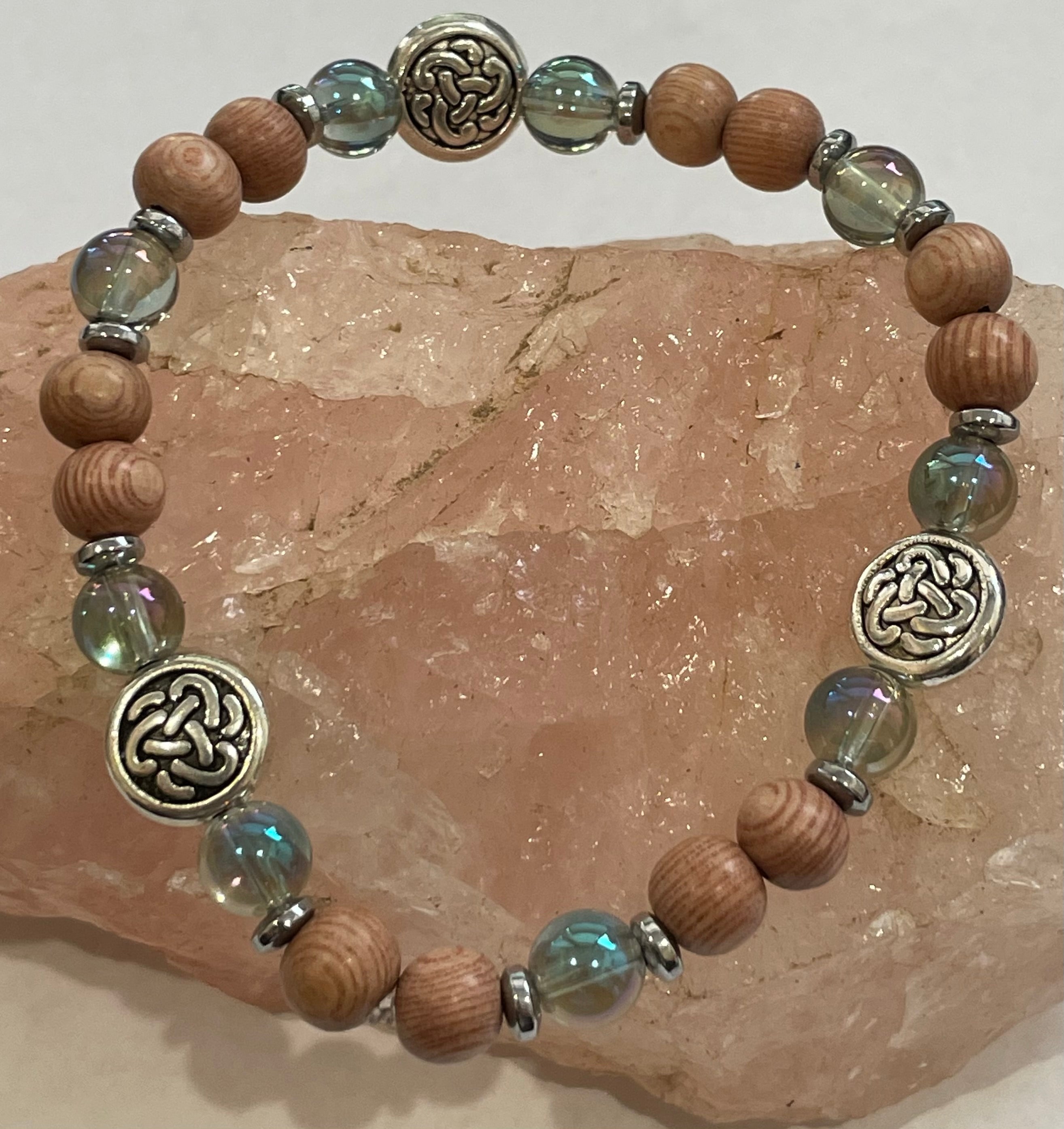 Celtic Knot with Green Rainbow Crystal Quartz, Hematite and Wood Bracelet