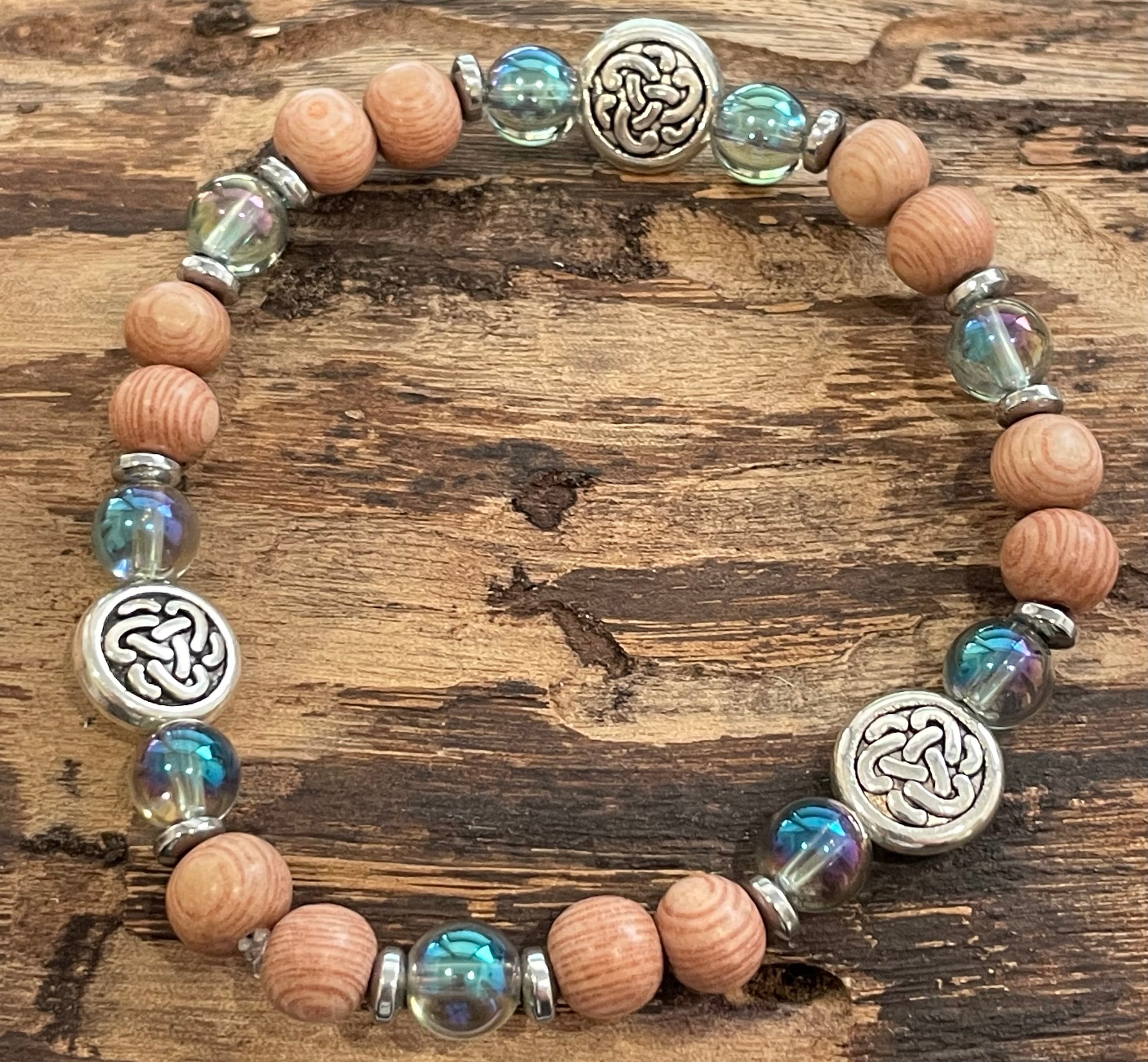 Celtic Knot with Green Rainbow Crystal Quartz, Hematite and Wood Bracelet