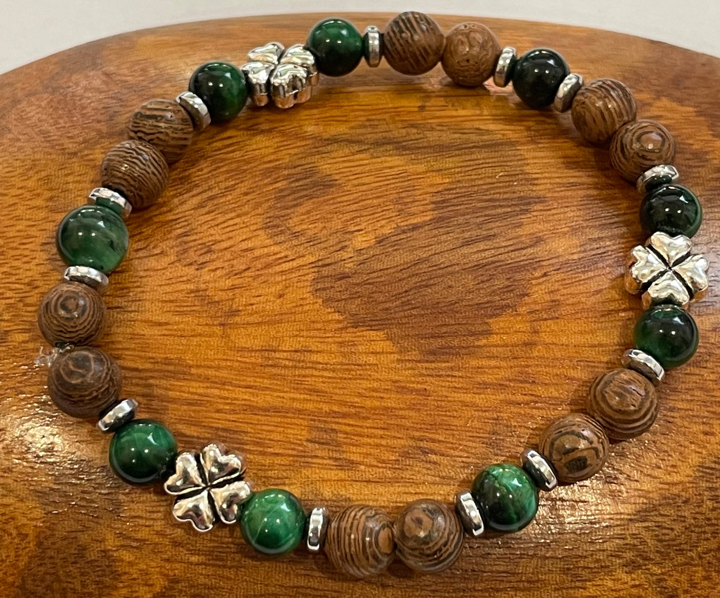 Four Leaf Clover with Green Tiger Eye, Hematite and Wood Bracelet