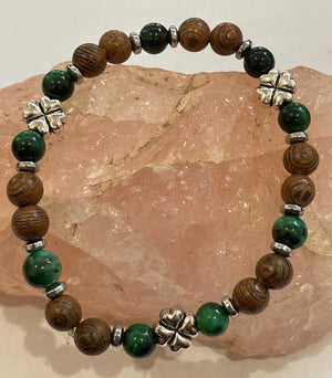 Four Leaf Clover with Green Tiger Eye, Hematite and Wood Bracelet