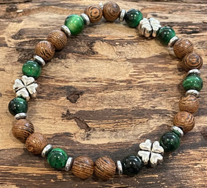 Four Leaf Clover with Green Tiger Eye, Hematite and Wood Bracelet