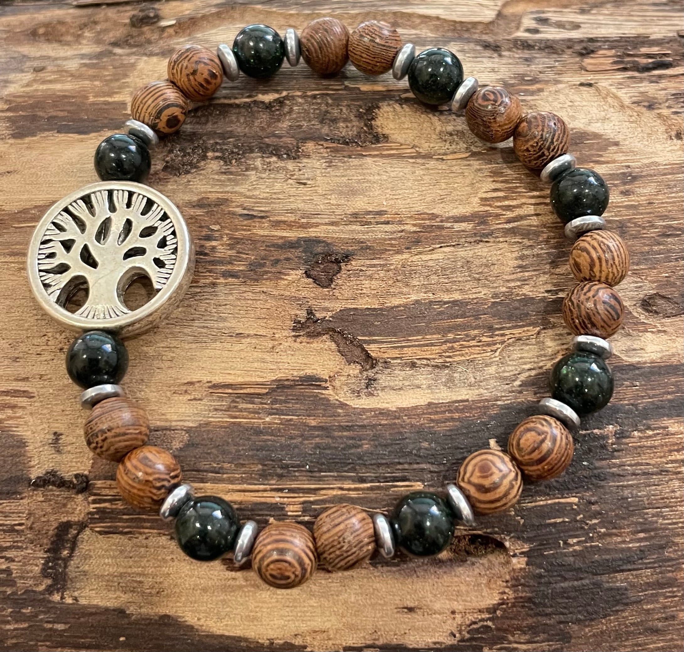 Tree of Life with Green Goldstone, Hematite and Wood Bracelet