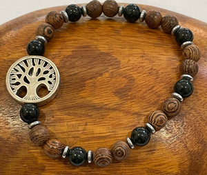 Tree of Life with Green Goldstone, Hematite and Wood Bracelet