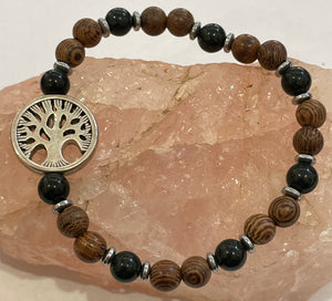 Tree of Life with Green Goldstone, Hematite and Wood Bracelet