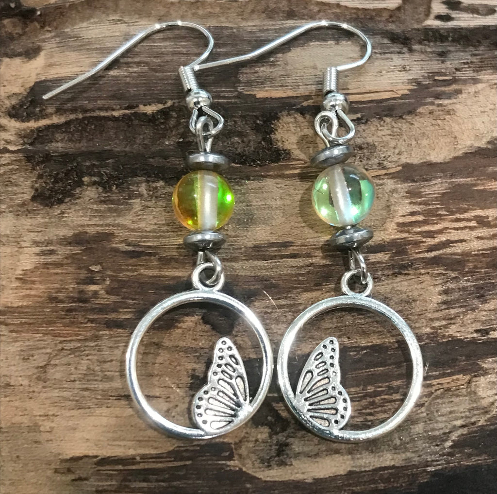 Butterfly Wings with Yellow Mystic Aura Quartz and Hematite Earrings